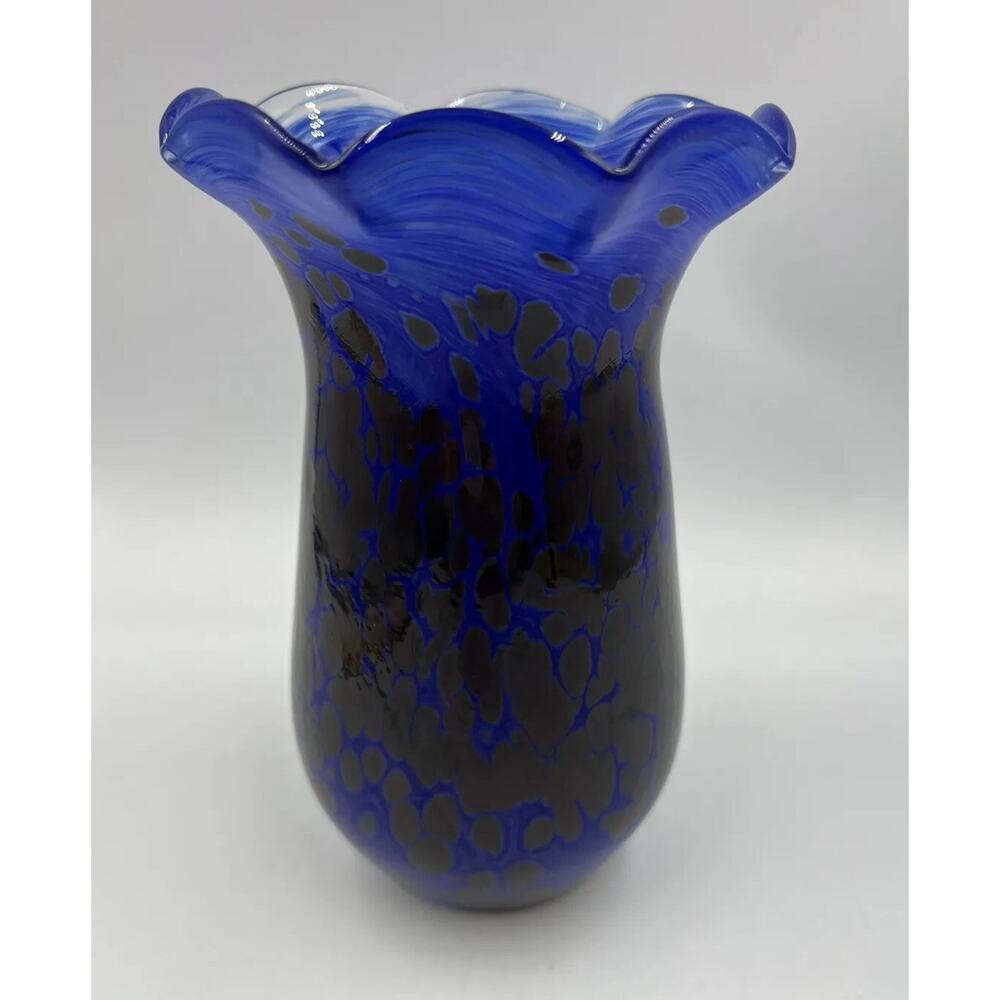 Handblown Art‎ Glass Vase Blue Signed Ruffled